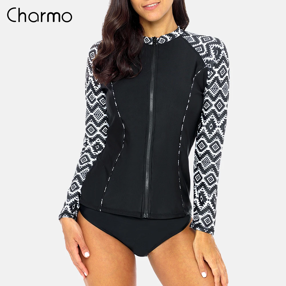 Charmo Women Long Sleeve Zipper Rashguard Shirt Swimsuit Floral Print
