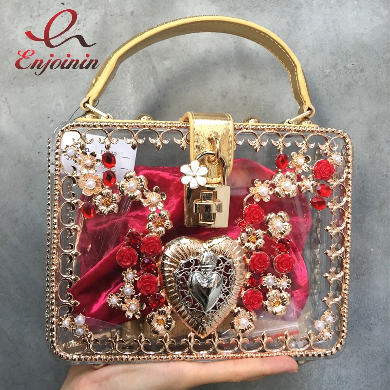 

New Luxury bright hollow diamond heart-shaped pearl flowers lock ladies party clutch shoulder bag messenger bag purse acrossbody
