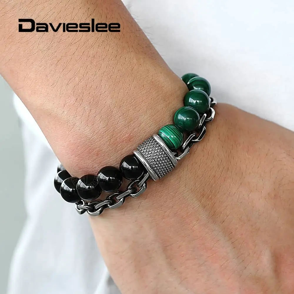 Двухслойный мужской натуральный сорт Малахитовый камень черный браслет из ониксовых бусин для мальчиков браслет цепочка из нержавеющей стали DTBX00903