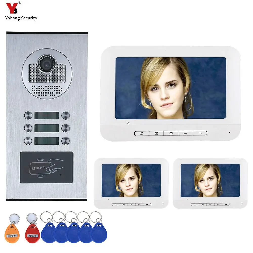 

YobangSecurity 7'' Wired Video Door Phone Intercom System RFID Access Entry Camera Door Bell 3 Monitors Multi- Apartments/Family