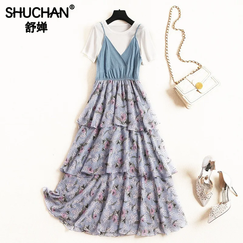 

Shuchan 2 Piece Set Women Cotton T-shirt+ Ruffles Dress Print Summer Clothes for Women Conjuntos De Mujer Female Suits 11670