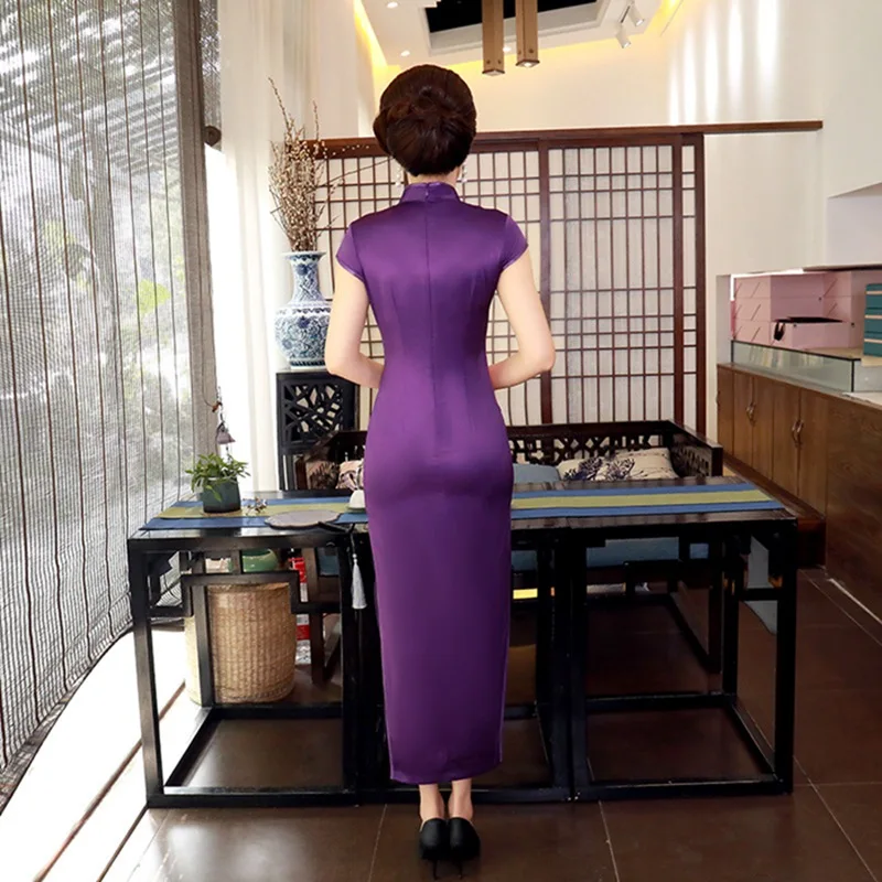 2019 Cheongsam Атлас печати Qipao платье Винтаж улучшилось осень Традиционный китайский длинные платья Мать Вечерние свадебное платье