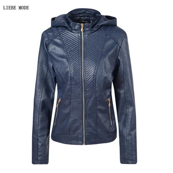 

Womens Winter Warm Fleece Blue Pu Leather Jacket Women Motorcycle Biker Faux Leather Hooded Jackets Coats Black Brown Khaki Red