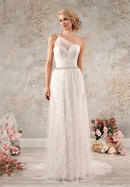 Ssingle Shoulder Overlay Lacy Modern Vintage Wedding Dress 8563 Ssingle Shoulder Overlay Lacy Modern Vintage Wedding Dress 8563 Crystalline Trim Lace Bridal Vestido De