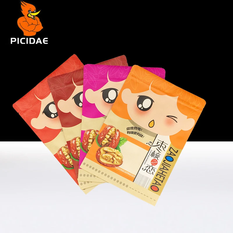 

Cartoon Date Jujube Nut Beans Packaging Kraft Paper Storage Bag Food Frosted Reseal Stand Window Transparent Zip Lock Printing