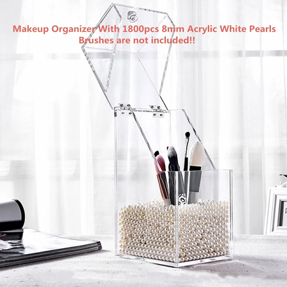 

Cosmetic Makeup Brushes Organizer With 1800pcs 8mm Acrylic White Pearls Clear Acrylic Case Tools Storage Display Box Dustproof