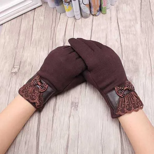 C новое поступление, однотонные модные кружевные перчатки с бантом, зимние теплые перчатки для женщин, ветрозащитные перчатки для вождения - Цвет: coffee