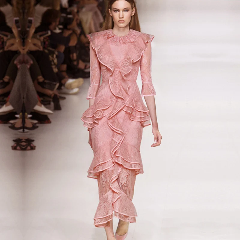 

Runway Designer Solid Pink Lace Woman Maxi Dress High Waist Flare Sleeve Cascading Ruffles Elegant Dress Female Fashion 2019 New
