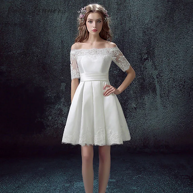 

C.V Half Sleeves Vintage A line Short Wedding Dress Lace Appliques Plus Size Satin Beach Wedding Gown White Formal Dresses W0099