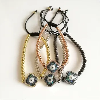 

10pcs/lot High Quality Brass Micro Pave Cubic Zirconia Abalone Evil Eye Four Leaf Clove Bracelets Marcame Bracelet Joyeria