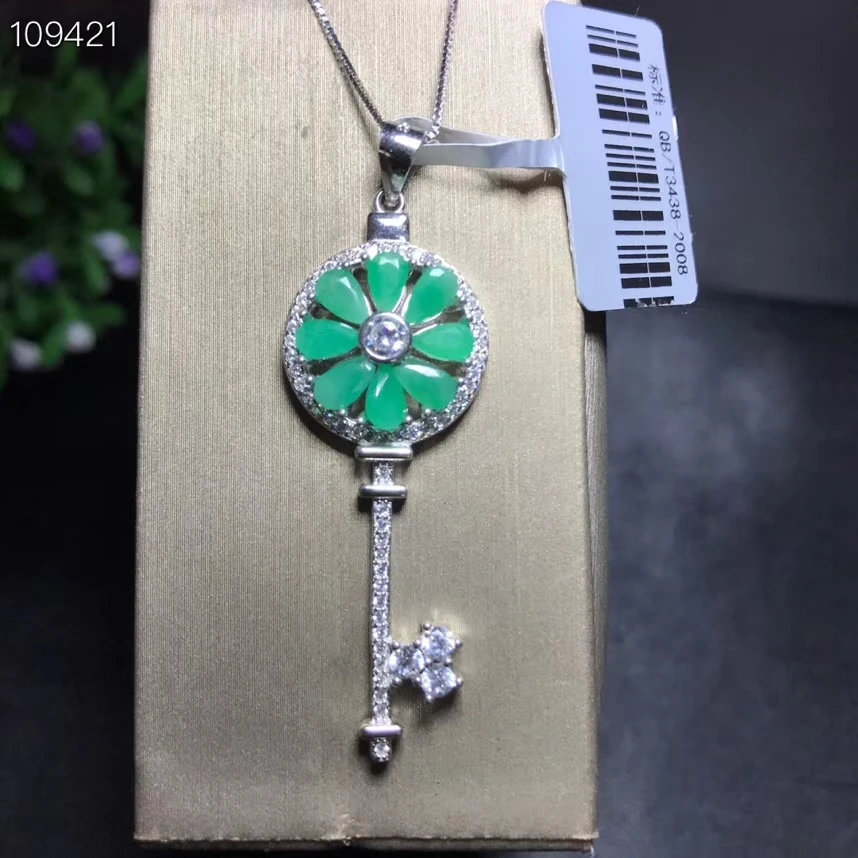 

key style green Natural Emerald gemstone keychain necklace for women silver jewelry real 925 silver natural gem girl date gift