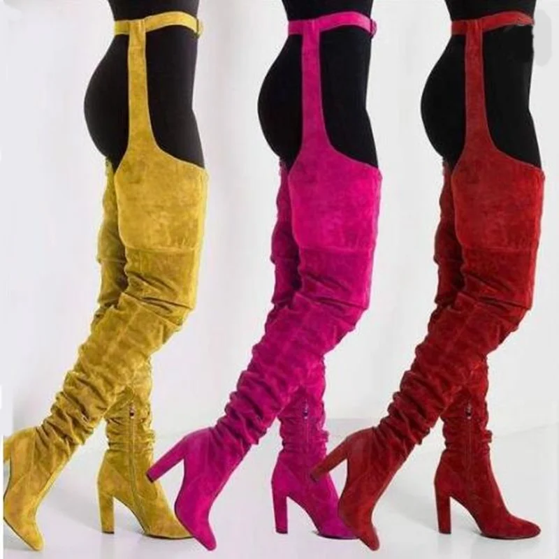 Bottes Talons Chaussures As Picture Solide Longue Taille Picture Femme Celebrity Bout Gladiateur Extreme Femmes Haute Flock Entrejambe Cuisse Chunky Pointu as tpwcZFq