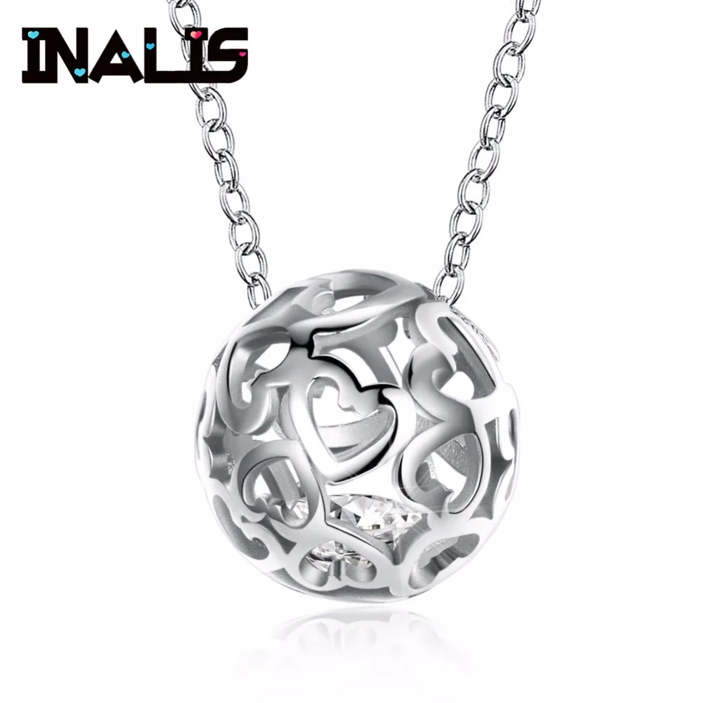 

INALIS Vintage Charming Necklace S925 Sterling Silver Hollow Heart Ball Shape Single CZ Crystal Inside Pendant for Women Jewelry
