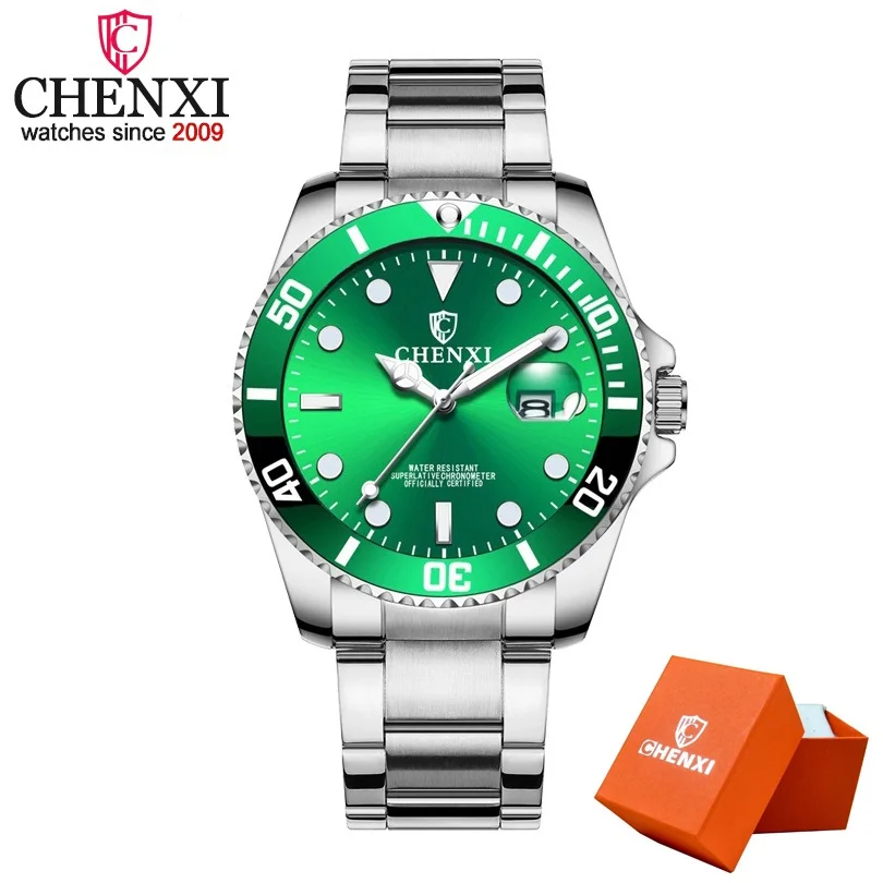 Relojes Hombre новые часы Мужские Роскошные Кварцевые часы CHENXI мужские наручные часы Лидирующий бренд Роскошные полностью стальные водонепроницаемые часы - Цвет: Silver Green