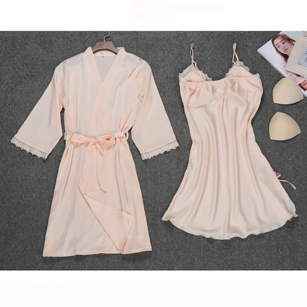 New Women Ladies Sexy Silk Satin Dress Bathrobe Nightgown Sets Lace Kimono Pajamas Lingerie Sleepwear chemise de nuit femme