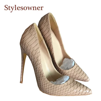 

Woman High Heel Shoe Thin Heel Black Nude Snake Skin High Quality Shoes Popular Summer Spring Pumps New Sexy Big Size Stilettos
