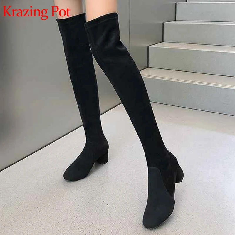 

krazing pot Winter round toe cow leather flock material superstar long boots keep warm med heel over-the-knee stretch boots l1f5