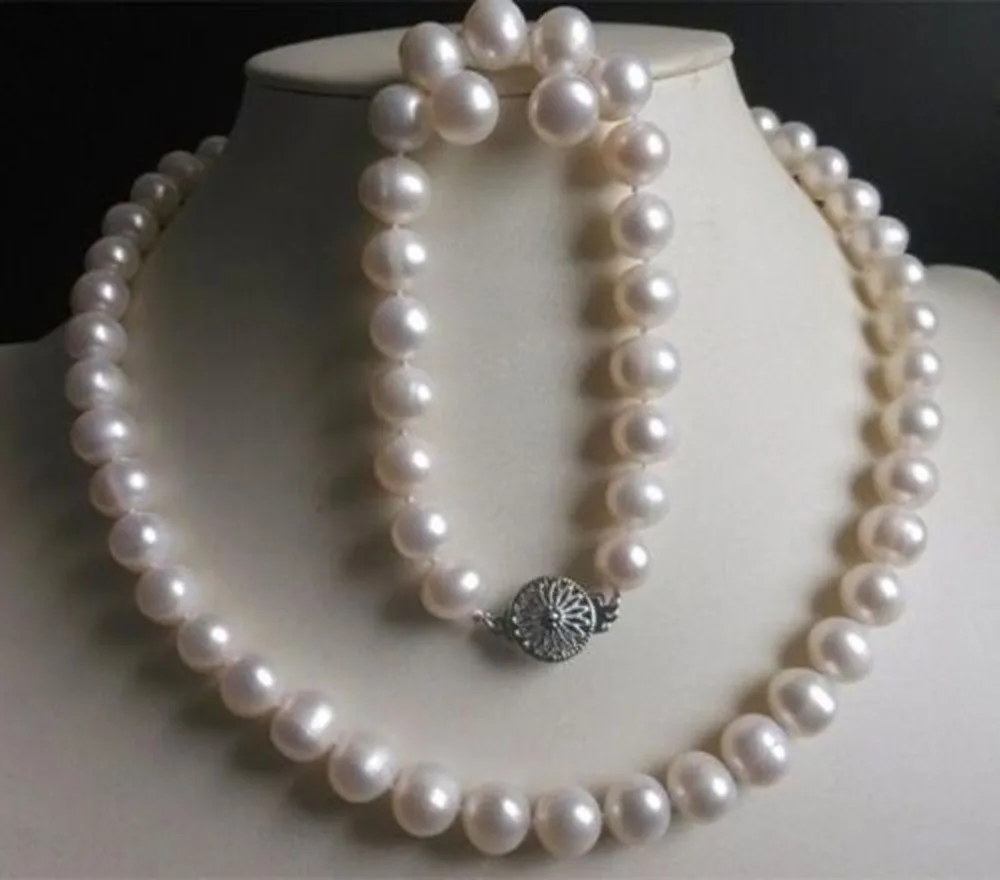 

Free shipping hot sale Women Bridal Wedding Jewelry >> Natural 9-10MM White Cultured Pearl Necklace Bracelet Earrings Set AA