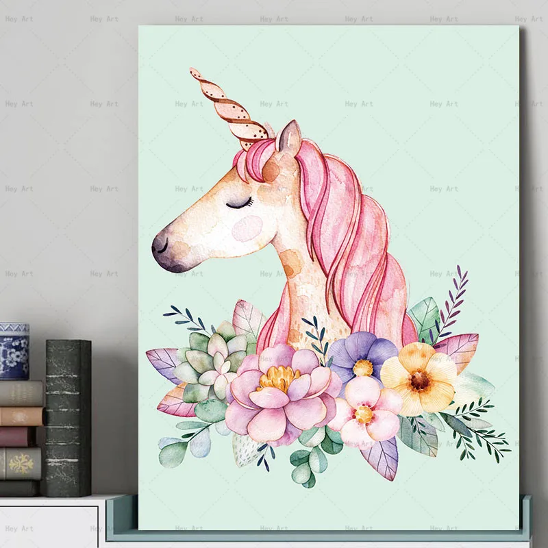 Frameless Printing Flower Wall art Cartoon Animal Pictures for Wall Posters and Prints Flamingo unicorn Canvas Painting