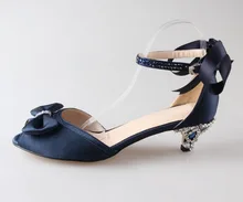 Handmade navy blue satin dress shoes with sewed crystals ribbon med low heel woman shoes elegant bridal wedding party prom pumps