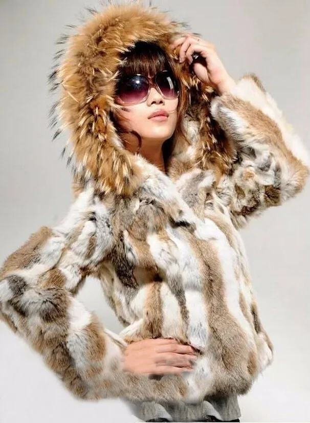 Капюшон большая роскошная куртка из натурального кроличьего меха с большим натуральным енотовым меховым воротником пальто дамское меховое пальто с капюшоном OEM DFP970
