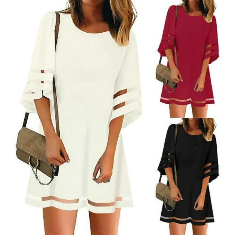 

Summer Casual Polyester Mesh Splicing Flare Sleeve Sexy Dress Women Loose Waist O-Neck Solid Color A-Line Dresses