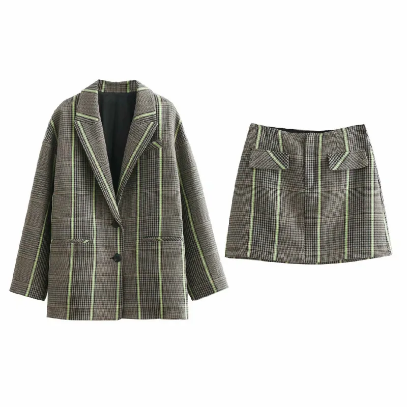 

Set female skirt suit 2019 season new fashion wild long-sleeved slim plaid suit jacket casual skirt two-piece female