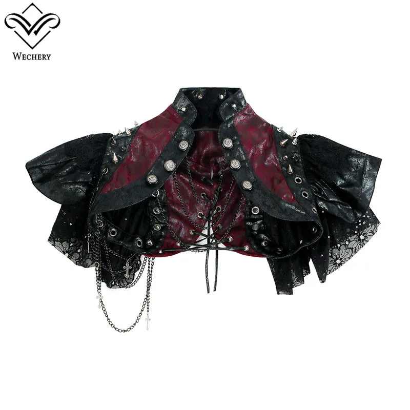 

Wechery Short Retro Crop Tops Women's Steampunk Lace Up Bustier with Chains Buttons Sexy Lace Corset Leather Cut Out Shapewear