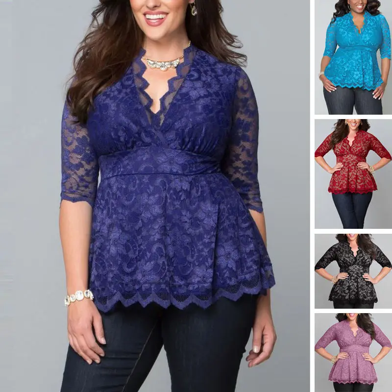 2019 Blouse Women Lady Clothing Big Plus Size Sexy Lace Flower Shirts Casual Hollow V-Neck Three Quarter Tops New | Женская одежда