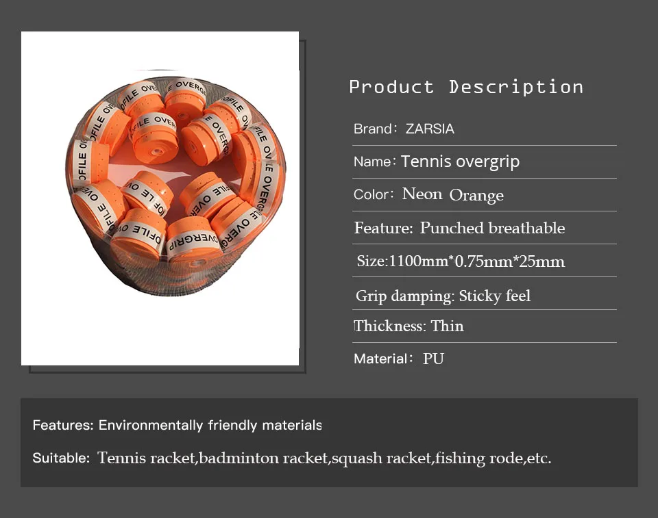 60 шт. ZARSIA sticky feel перфорированные теннисные ракетки Захваты бадминтон Overgrip Сквош ракетка сцепление оранжевый цвет