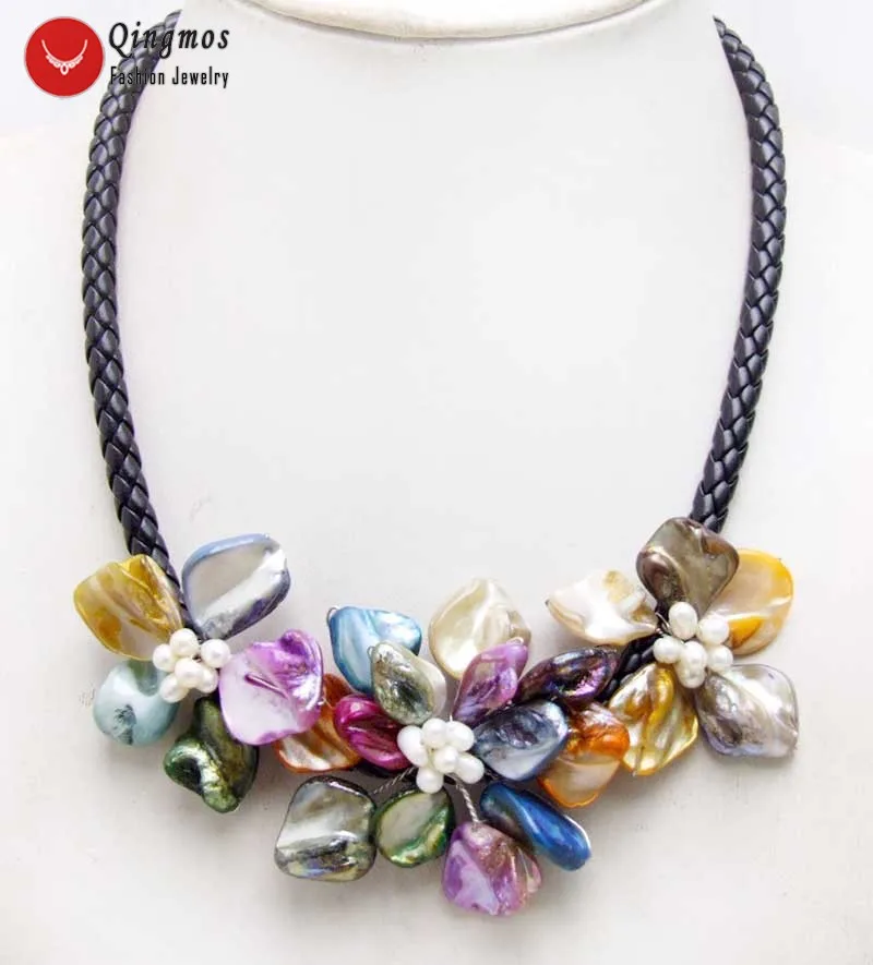 Qingmos Trendy Shell Flower Pendant Necklace for Women with 3 PCS Bright Blue Shell & Pearl Necklace Jewelry Chokers 18'' N6362