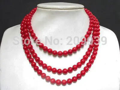 

FREE SHIPPING>>@> A2778 60" rope necklace red coral 8mm round beads A+