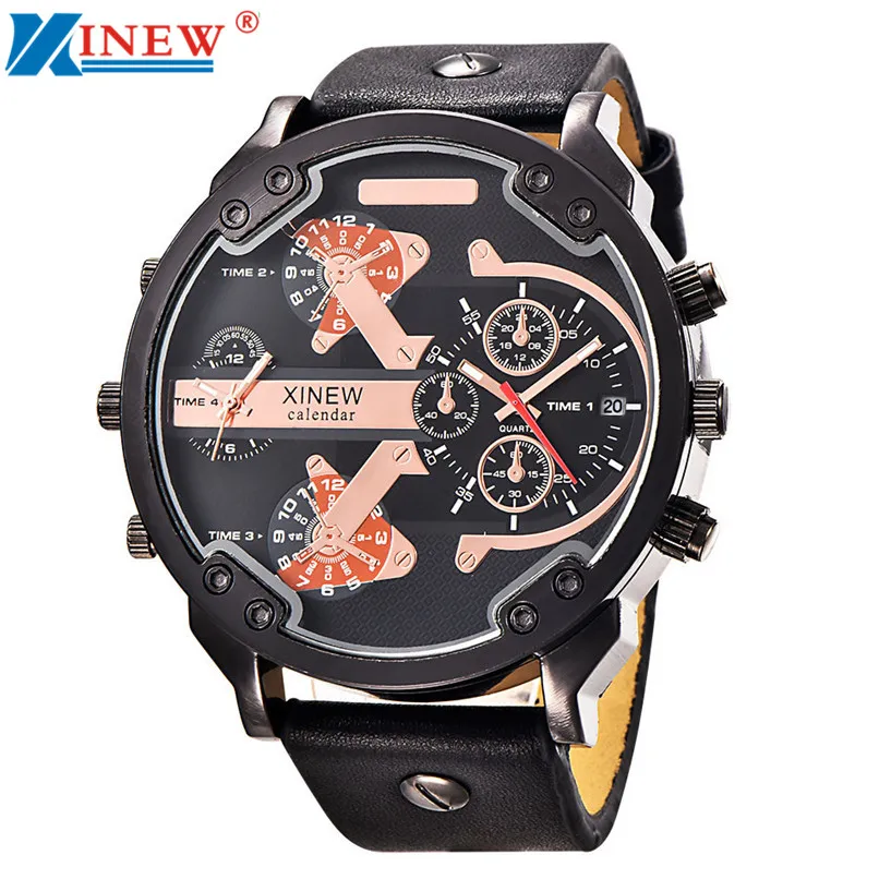 

XINEW 2018 Super Quality Men's Fashion Luxury Watch Leather Date Analog Quartz Sport Mens Wristwatches relogio masculino