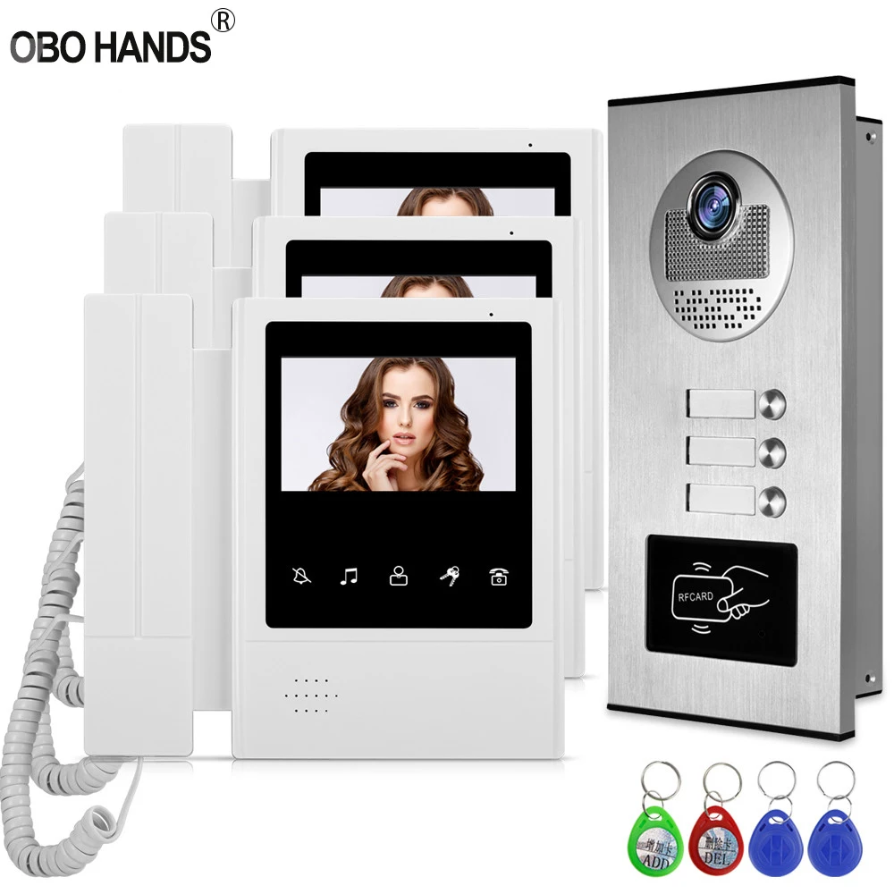 Upgraded 4.3'' Wired Video Intercom RFID Access System doorphone Camera with Door Bell 3 Monitors for Multi- Apartments/families Upgraded 4.3'' Wired Video Intercom RFID Access System doorphone Camera with Door Bell 3 Monitors for Multi- Apartments/families