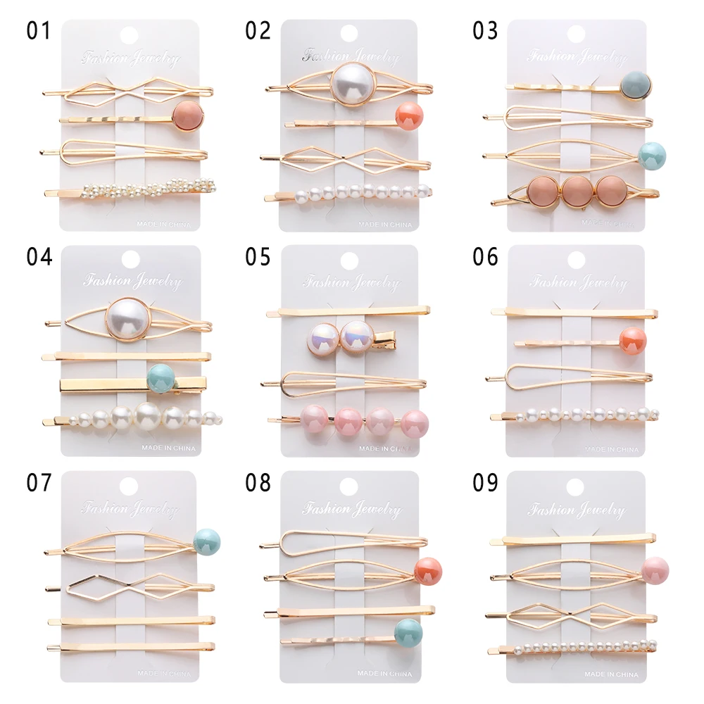 

4PCS Korea Fashion Metal Hairpins Imitiation Pearl Colorful Beads Hair Clips for Women Irregular Geometric Hair Accessories