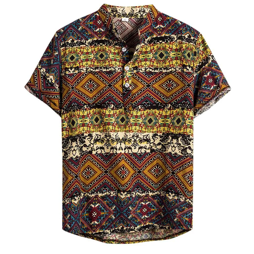 

Mens Shirt Ethnic Turn-down Collar Short Sleeve Casual Cotton Linen Printing Hawaiian Shirt Blouse Shirts Men camisa masculina