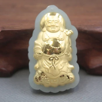 

New Fine 24K Yellow Gold Natural Hetian Jadeite Jade Women Men Buddha Pendant 45x26mm