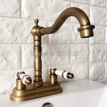 

Antique Brass 2 Hole Deck Mount Dual Ceramic Handle Bathroom Faucet Swivel Spout Faucets Washbasin Mixer Vessel Sink Taps lan067