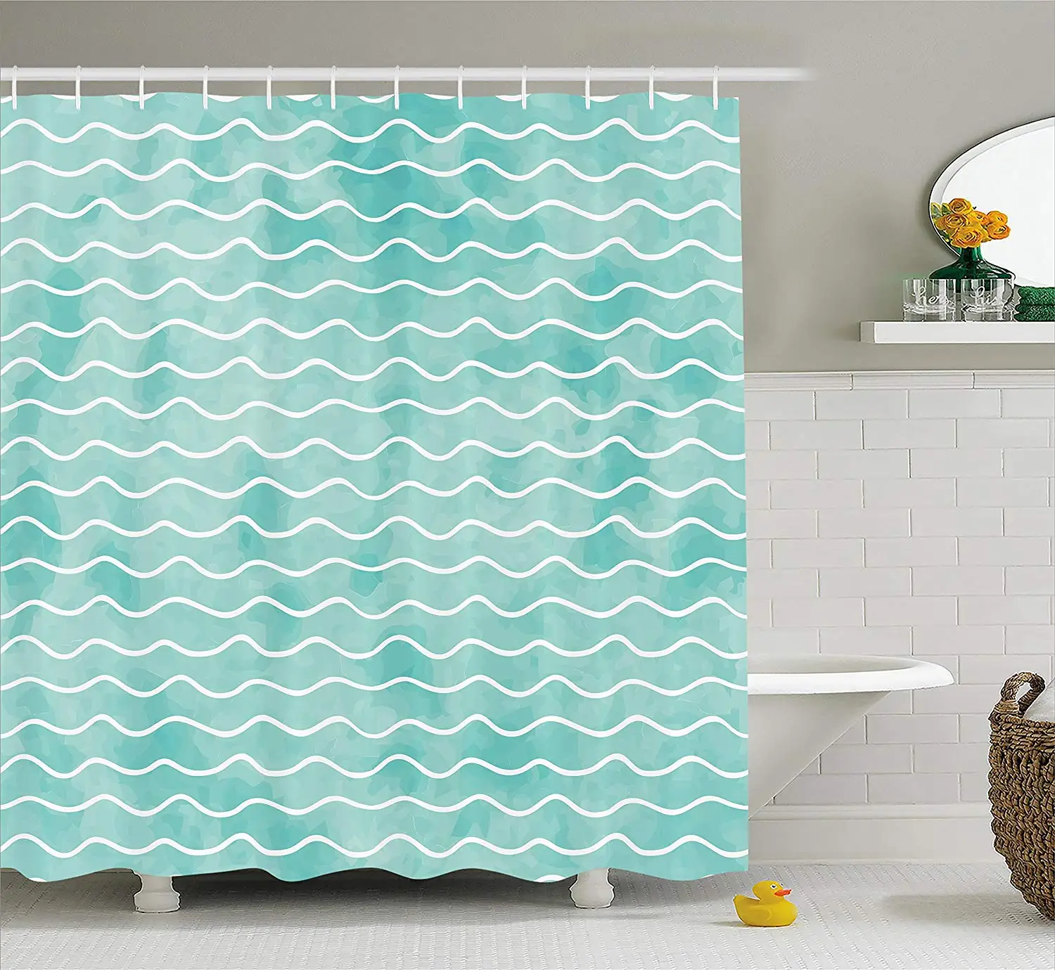 

Nautical Shower Curtain Soft Pastel Colored Ocean Sea Waves Pattern Summer Vibes Inspired Graphic Fabric Bathroom Decor