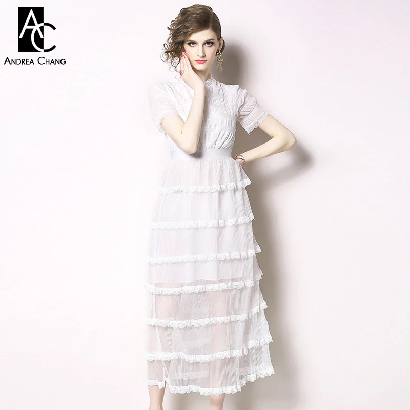 

M-XXL spring summer woman dress lace applique white transparent dress fashion sweet cute cascading ruffle layered long dress