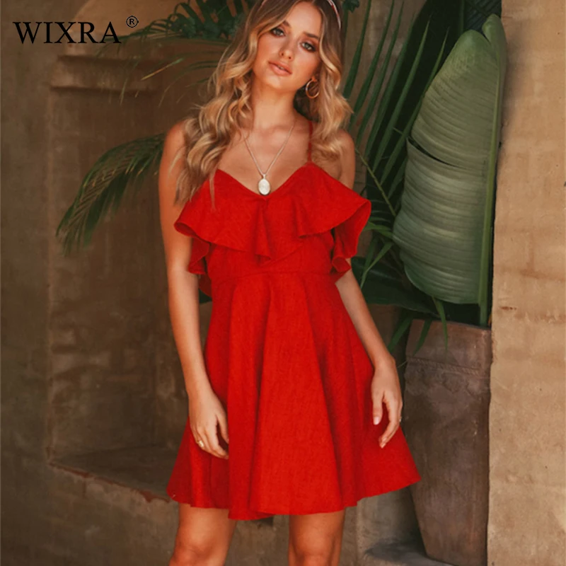 

Wixra 2019 Summer New Hot Sweet Ruffles Dress Women's Spaghetti Strap Backless Lace up Short Dress Solid Mini Dresses