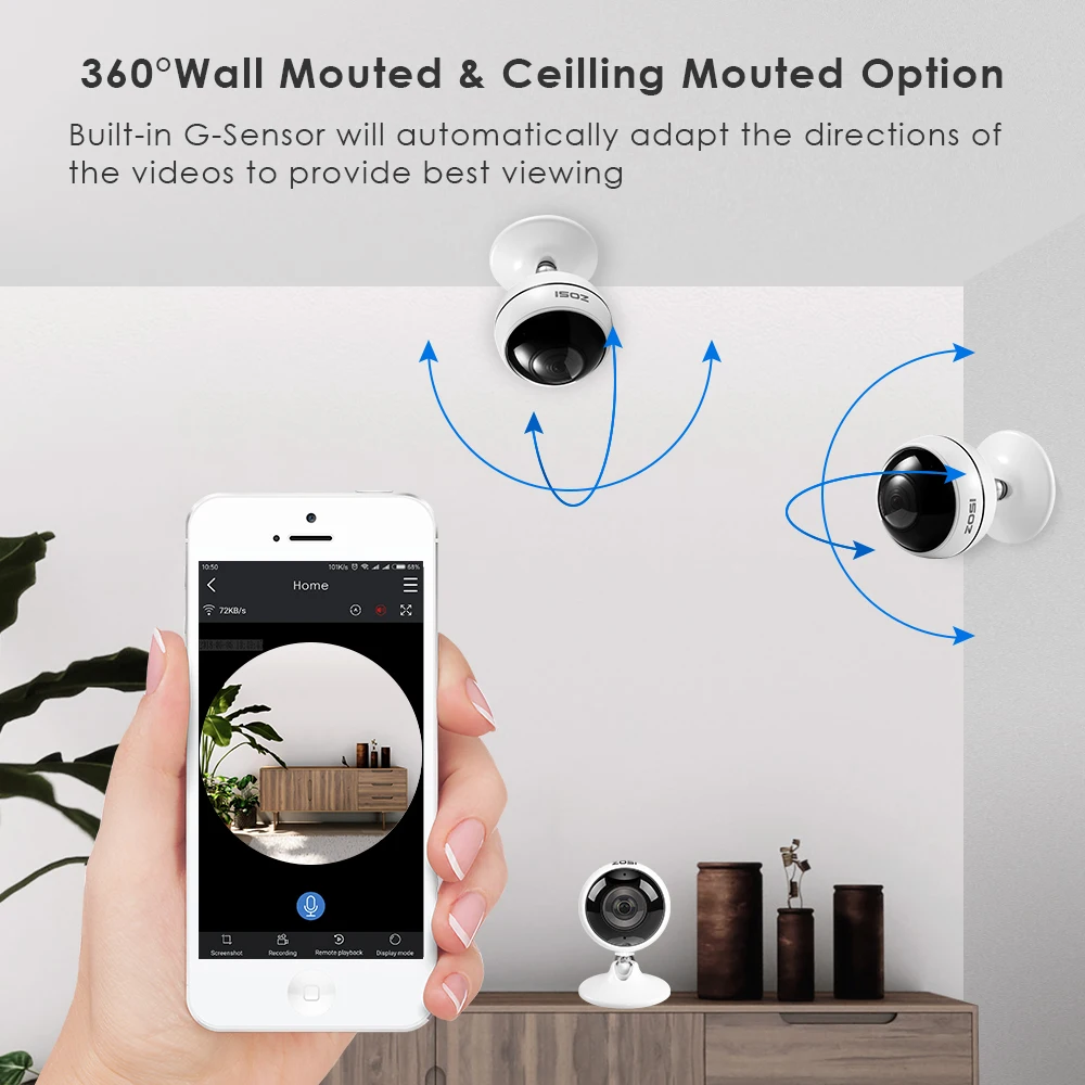  ZOSI Wireless IP Camera WiFi Panoramic Fisheye Video Surveillance Camera 3MP Ultra HD 360 Full Degr