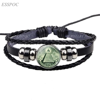 

All-seeing Eye Black Bracelet Eye of Providence Glass Cabochon Jewelry Lluminati Dollar All Seeing Mason Pyramid Men Gifts