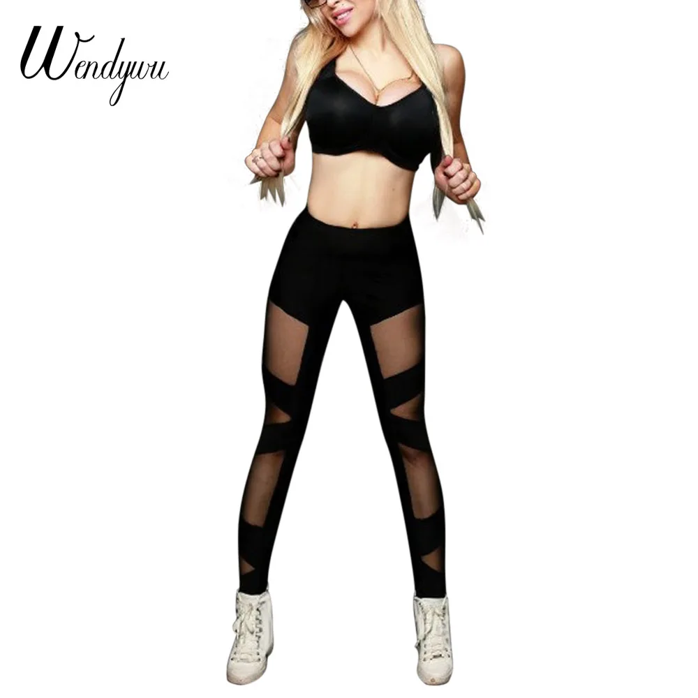WENDYWU/Лидер продаж Для женщин пикантные черные сапоги сетки лоскутное середине талии стрейч Bodycon длинным Леггинсы для женщин