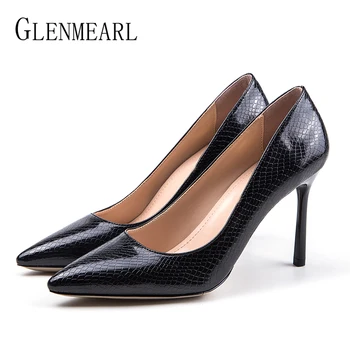 

Women Shoes High Heels Pointed Toe Woman Pumps Sexy Snake Party Shoes Spring Slip On Office Ladies Shoes Dress Black Plus SizeDE