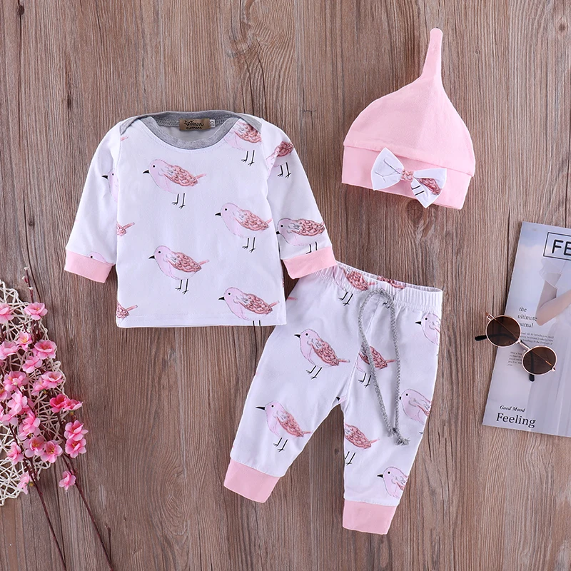 

New Born Boys Sets Long sleeve Newborn Bird pattern 3PCS Baby Girl Clothes Set Infant Baby Tops+Pants+hat with bow children set