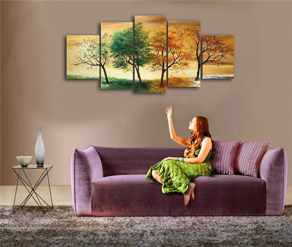 Горячая 4 сезона дерево картина маслом 5 шт. набор на холсте Высокое качество Пейзаж Современная Настенная картина для гостиной абстрактный домашний декор