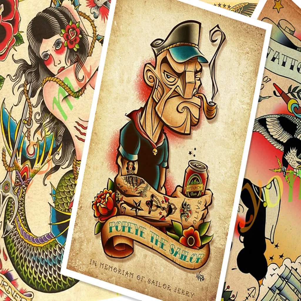 ReCreative الوشم نمط مخطوطة خمر كرافت ورقة المشارك ملصقات جدار اللوحة وشم على شكل رسوم للجسم الحلاق متجر الديكور B