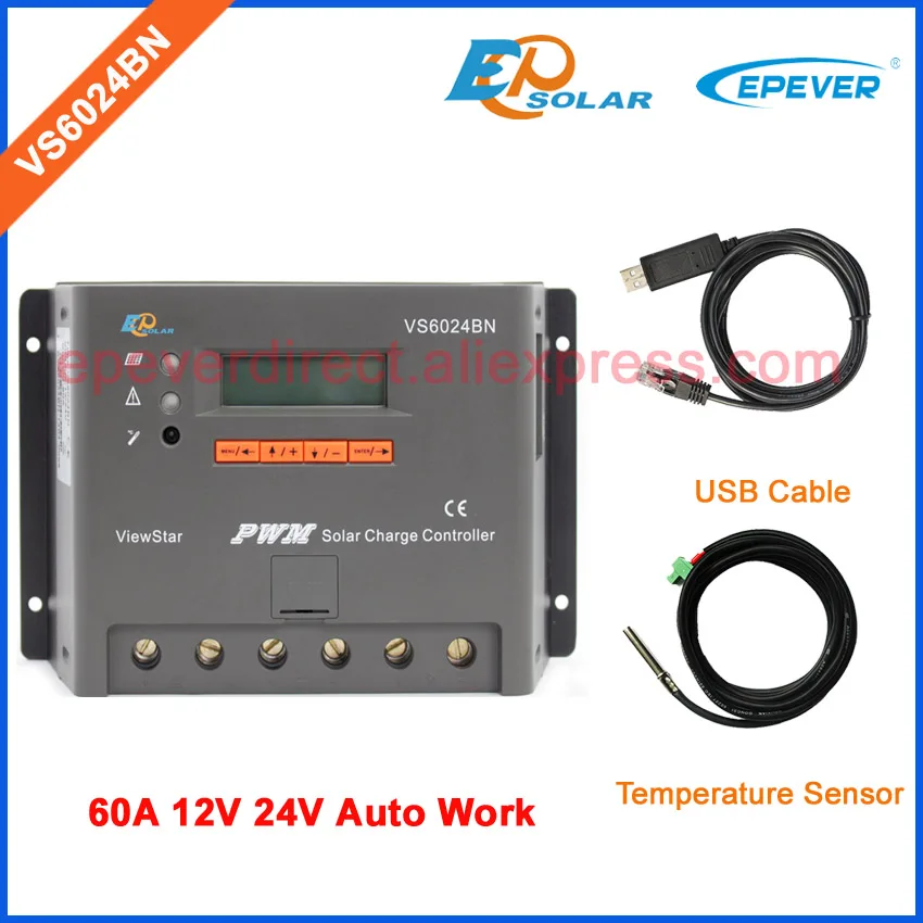 

PWM solar controller lcd display VS6024BN 60A 24V USB cable and temperature sensor cable 60amps 12V/24V Auto type EPEVER Brand