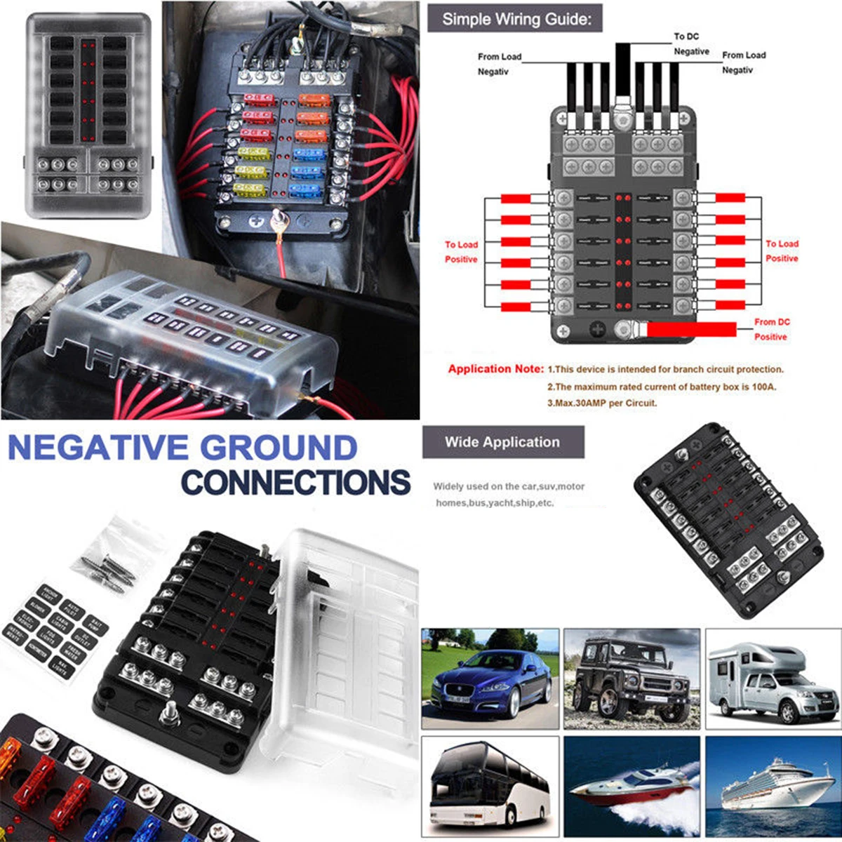 12V 32V Пластик крышка Держатель плавкого предохранителя M5 серьги-гвоздики с Светодиодный индикатор светильник 12 способов лезвие для сборных шин автомобильный комплект для Авто Лодка